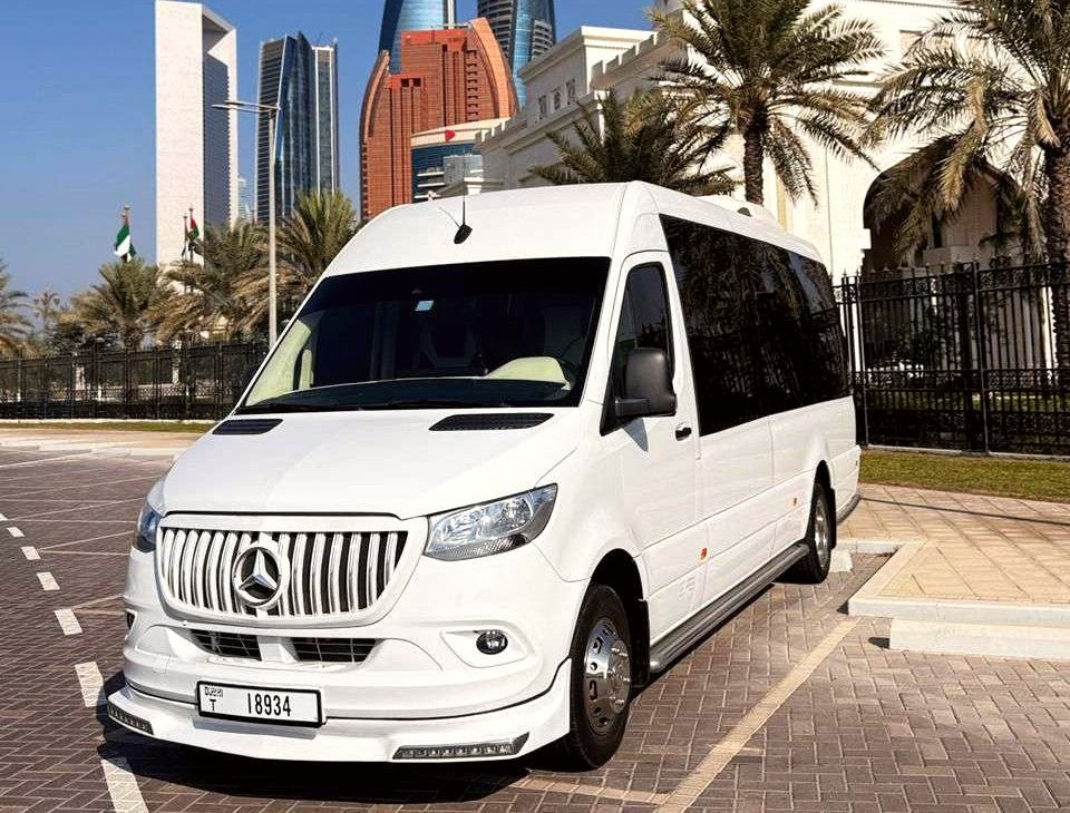 White Mercedes Sprinter VIP minibus from the Emirates Bus Hire fleet